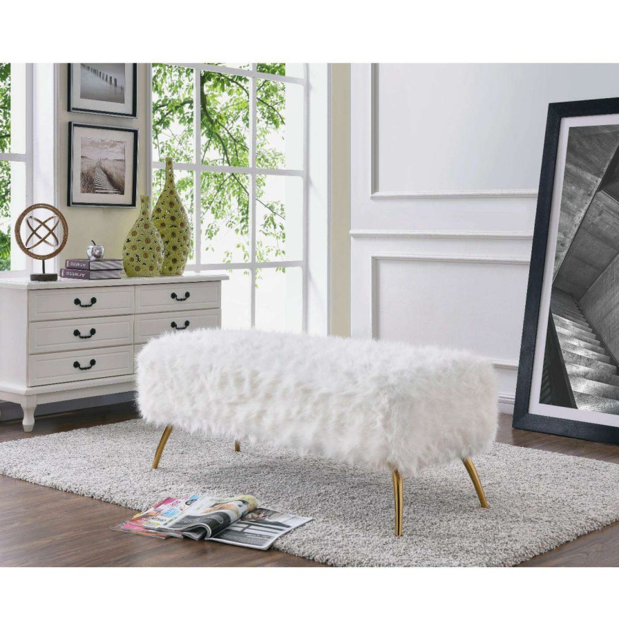 Indoor Benches * | Coupon Bedroom Benches Hi-Line Gift Ltd. White Upholstered Fur Bench