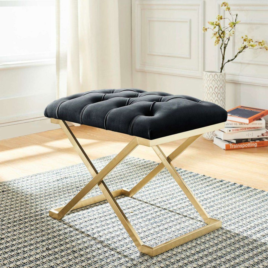 Indoor Benches * | Deals Entryway Benches !Nspire Stainless Steel Gold Velvet Bench