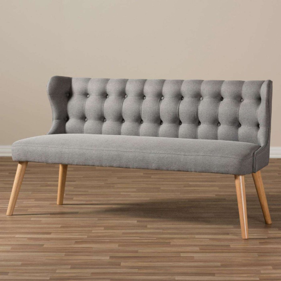 Indoor Benches * | Brand New Settee Benches Hn Home Arets Mid-Century Modern Grey Fabric And Natural Wood 3 Seat Settee Bench