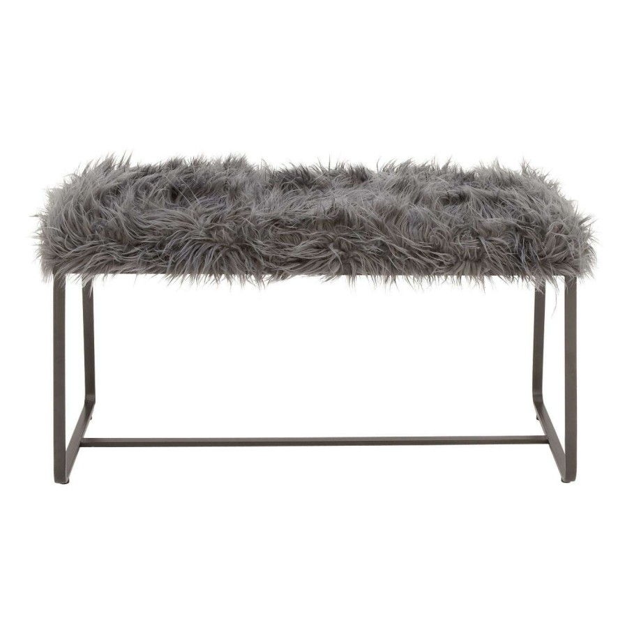 Indoor Benches * | Brand New Bedroom Benches Decmode Metal Bench With Gray Fur Seat Black / White