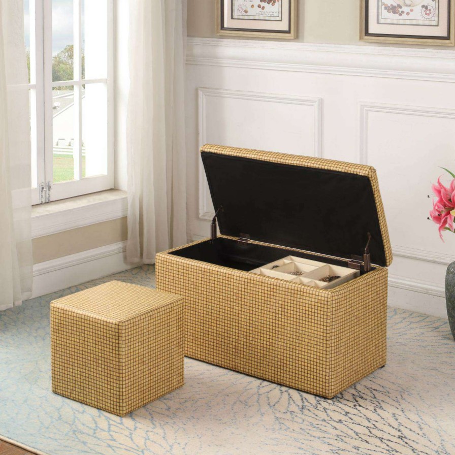 Indoor Benches * | Coupon Bedroom Benches Ore International Yellow Gold Plaid Leatherette Storage Bench