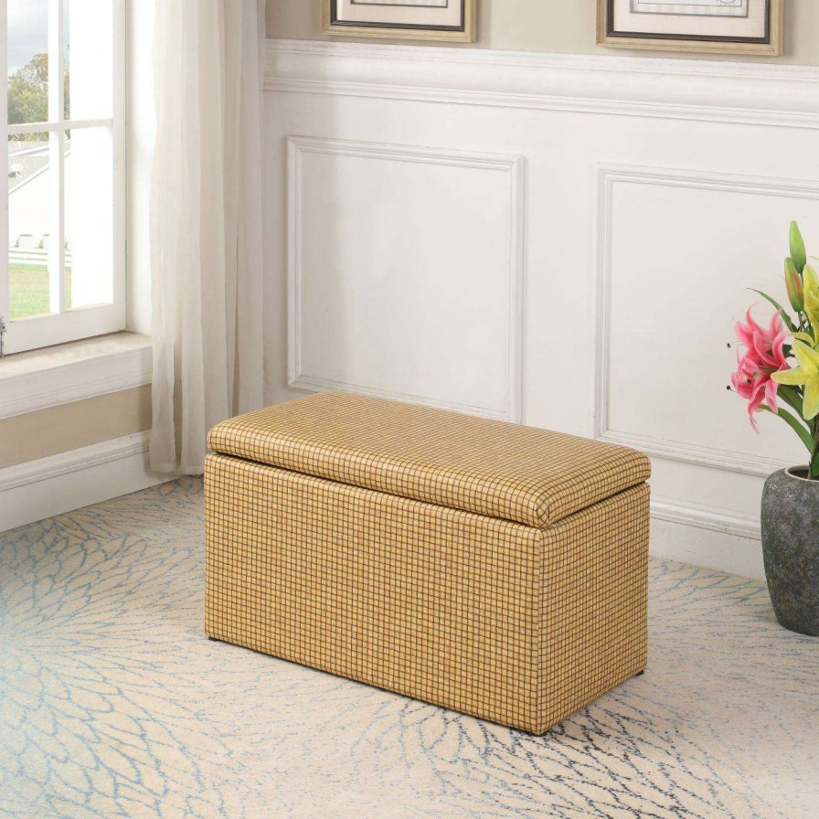 Indoor Benches * | Coupon Bedroom Benches Ore International Yellow Gold Plaid Leatherette Storage Bench