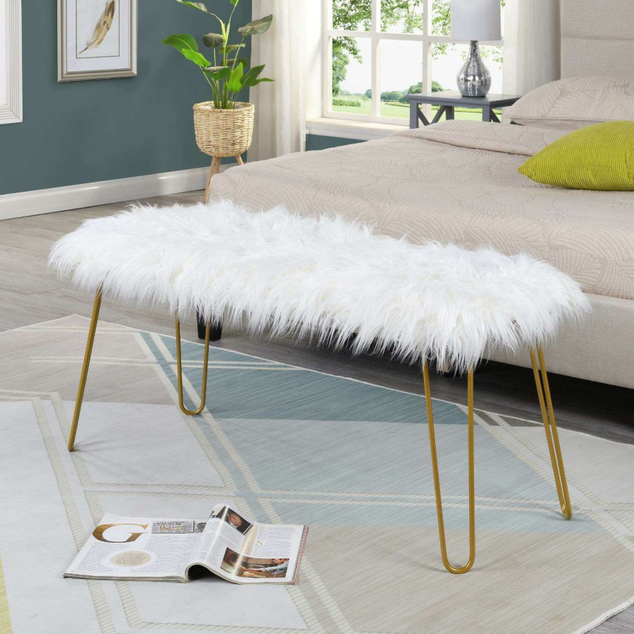 Indoor Benches * | New Carolina Chair & Table Co. Bedroom Benches Carolina Chair & Table Co. Morrissey Indoor Bedroom Bench White Faux Fur/Gold