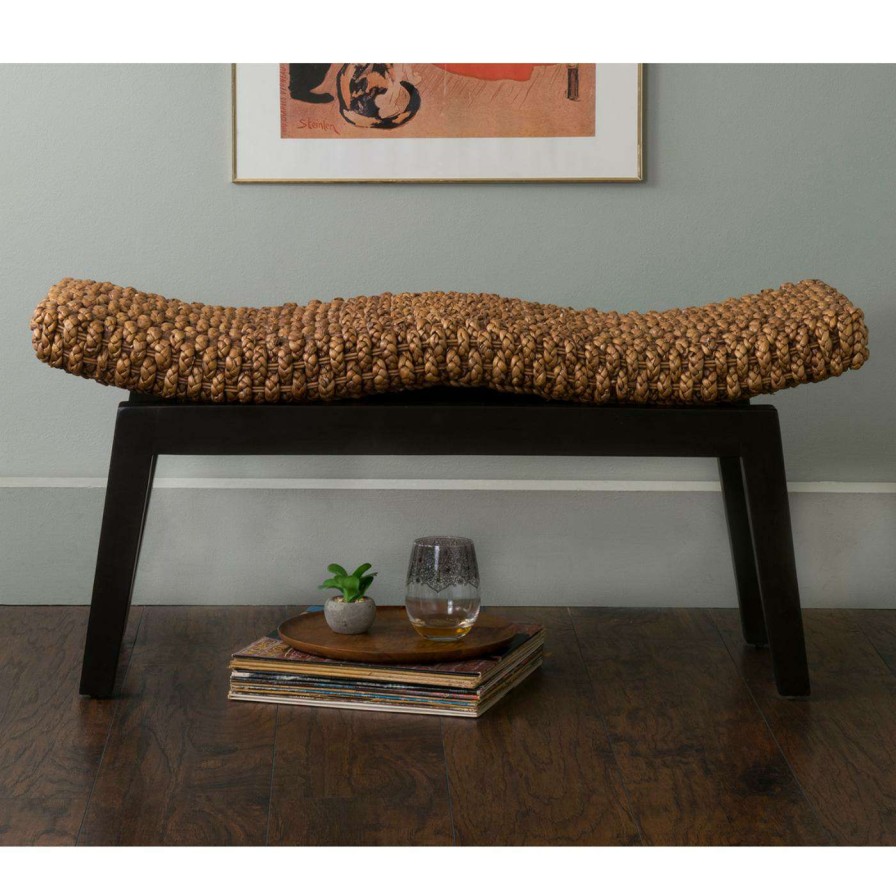 Indoor Benches * | Buy Entryway Benches East At Main Myra Wood And Water Hyacinth Bench Brown