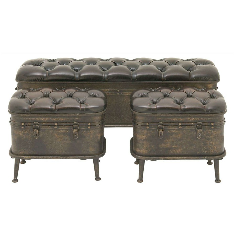 Indoor Benches * | Budget Ottoman Benches Decmode Set Of 3 Metal And Tufted Leather Storage Benches