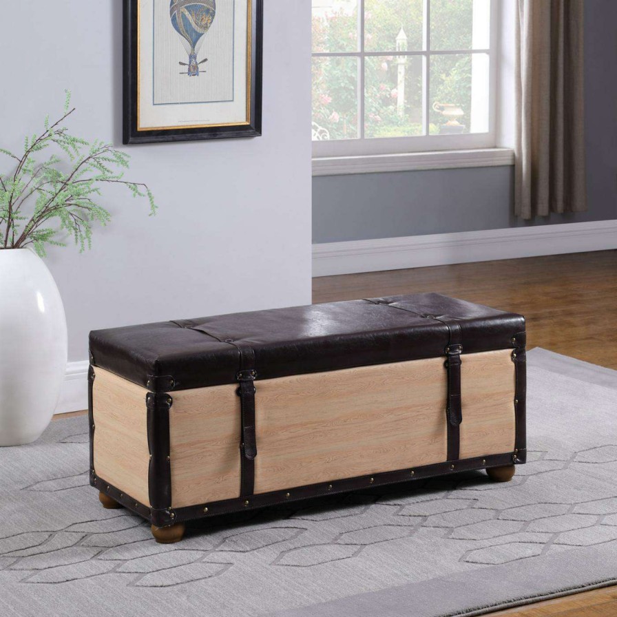 Indoor Benches * | Best Deal Indoor Storage Benches Ore International 42 In. Brown / Natural Bonded Leather Wade Suitcase Storage Bench