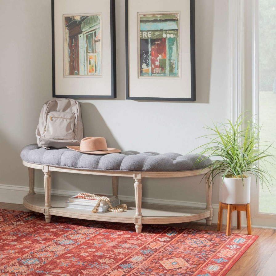 Indoor Benches * | Cheap Entryway Benches Powell Naomi Demuline Bench Graywash Legs With Dark Gray Fabric