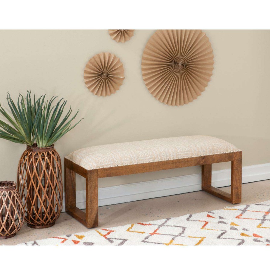 Indoor Benches * | Best Sale Bedroom Benches Powell Ellington Bench Natural With Beige And White Aztec Pattern Fabric