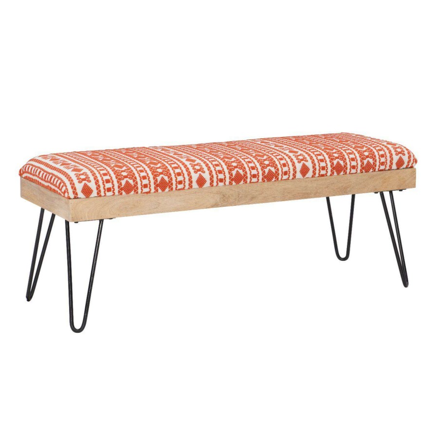 Indoor Benches * | Buy Bedroom Benches Powell Brooke Bench Black Hairpin Legs With Terra Cotta And Natural Stripe Fabric