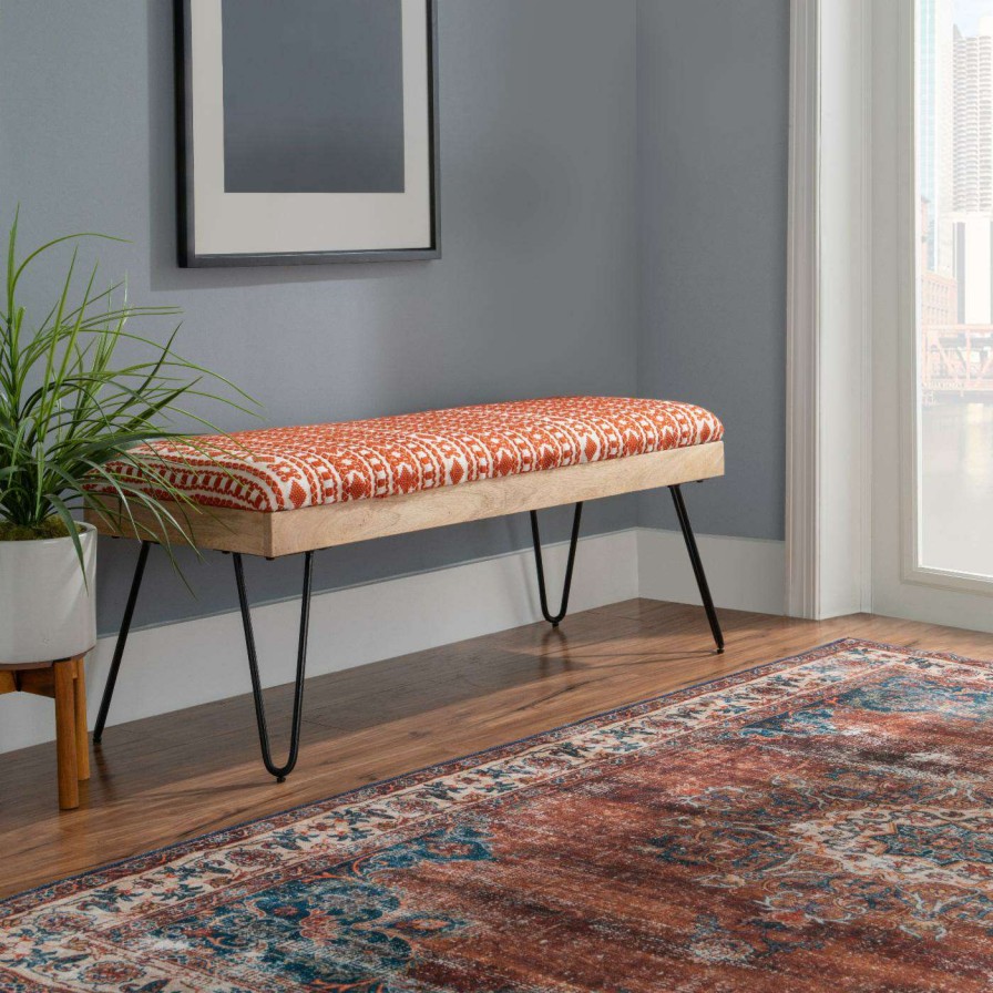 Indoor Benches * | Buy Bedroom Benches Powell Brooke Bench Black Hairpin Legs With Terra Cotta And Natural Stripe Fabric