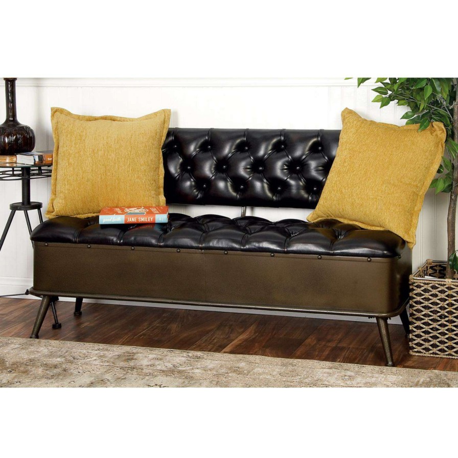 Indoor Benches * | Hot Sale Settee Benches Decmode Metal And Tufted Leather Storage Bench With Back