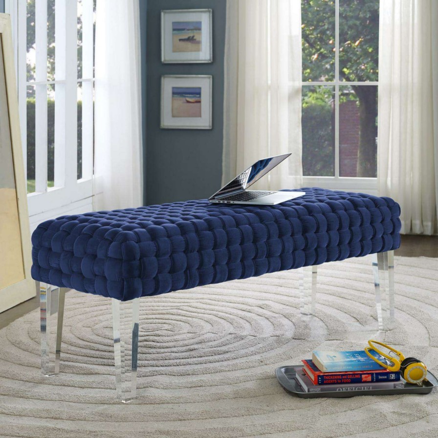 Indoor Benches * | Cheap Bedroom Benches Tov Furniture Sal Woven Velvet Bench Grey