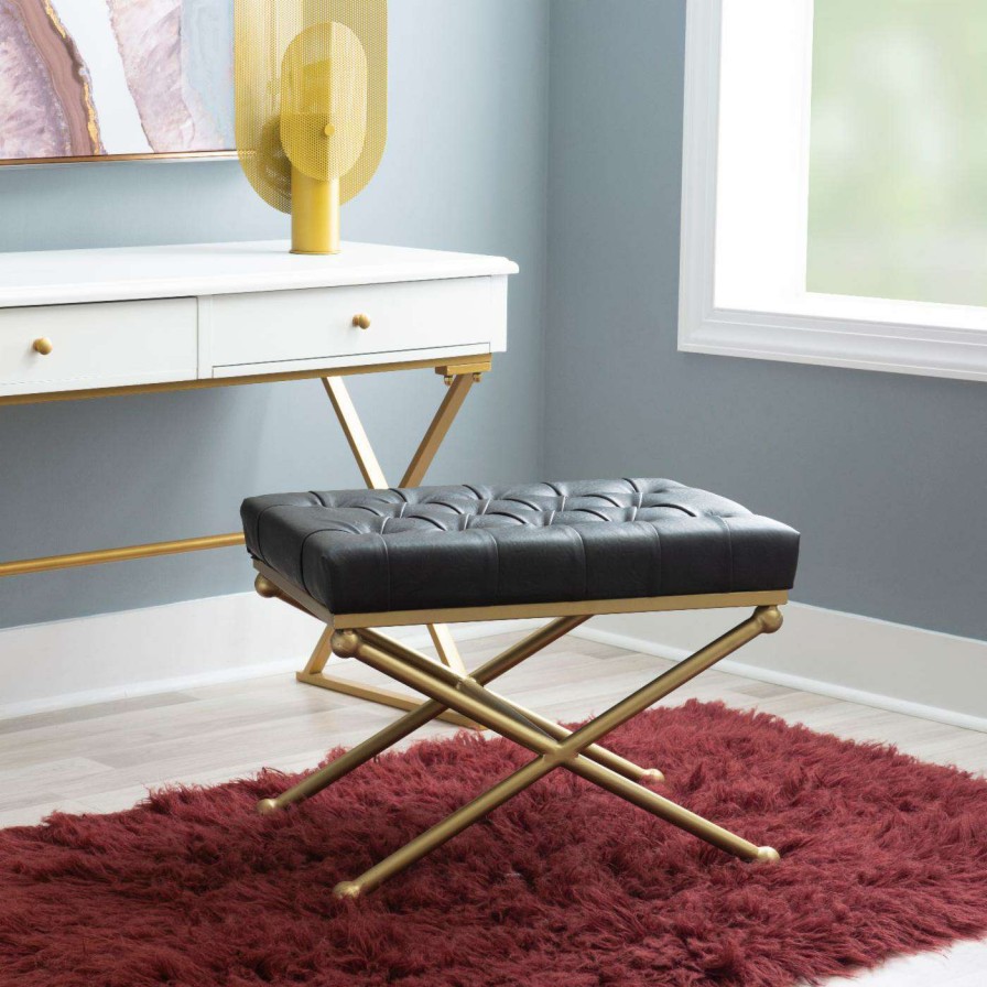 Indoor Benches * | Wholesale Ottoman Benches Powell Bethany Bench Gold With Black Faux Leather