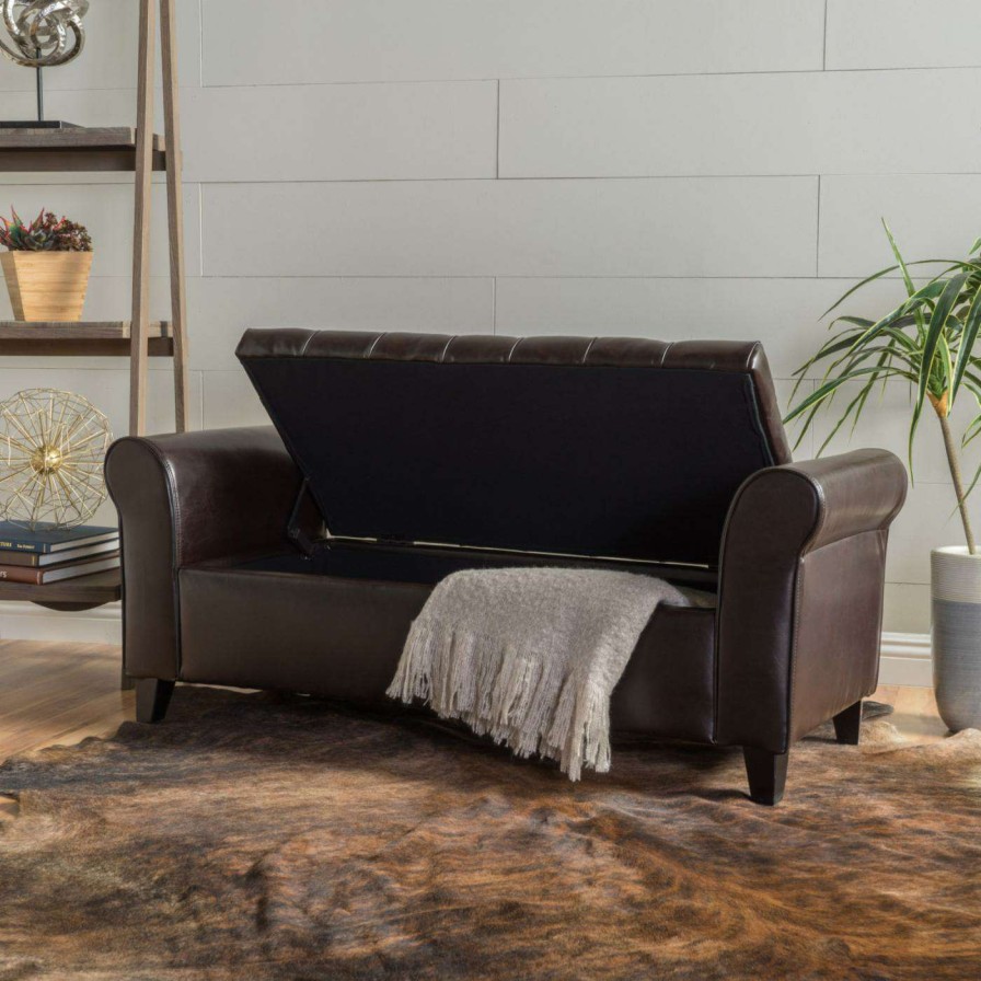 Indoor Benches * | Top 10 Best Selling Home Indoor Storage Benches Ultima Leather Armed Indoor Storage Bench