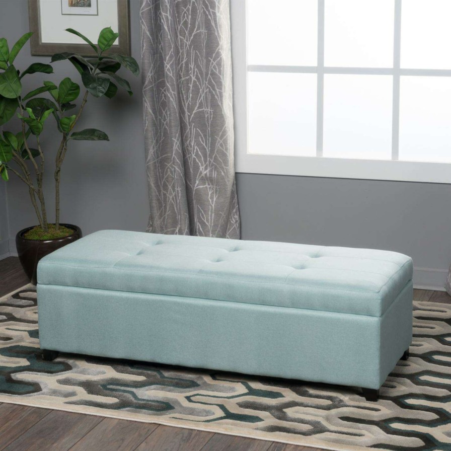 Indoor Benches * | Coupon Best Selling Home Ottoman Benches Joel Fabric Storage Indoor Bench Light Blue