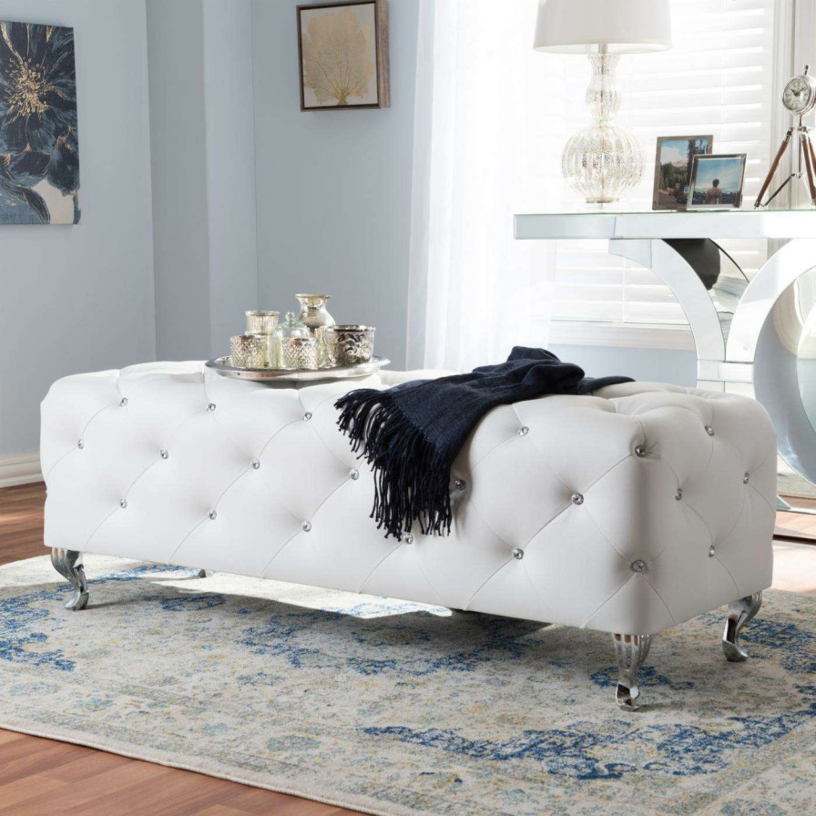 Indoor Benches * | Coupon Bedroom Benches Baxton Studio Stella Crystal Tufted White Leather Modern Bench