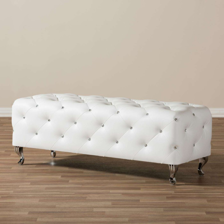 Indoor Benches * | Coupon Bedroom Benches Baxton Studio Stella Crystal Tufted White Leather Modern Bench