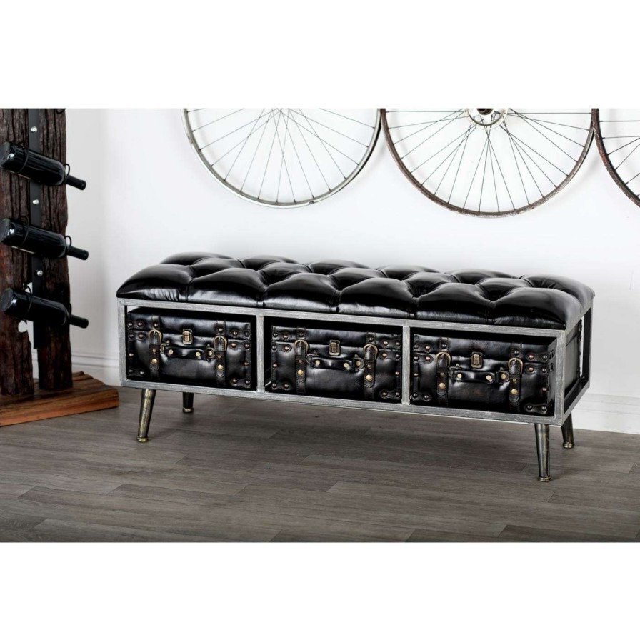 Indoor Benches * | Budget Indoor Storage Benches Decmode Tufted Leather-Covered Rectangular Wooden Storage Bench With 3 Suitcases