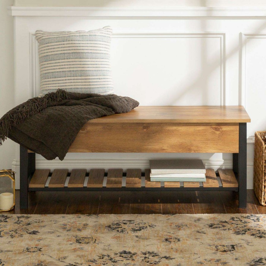 Indoor Benches * | Deals Indoor Storage Benches Humblenest Countryside Weathered Storage Bench With Shelf