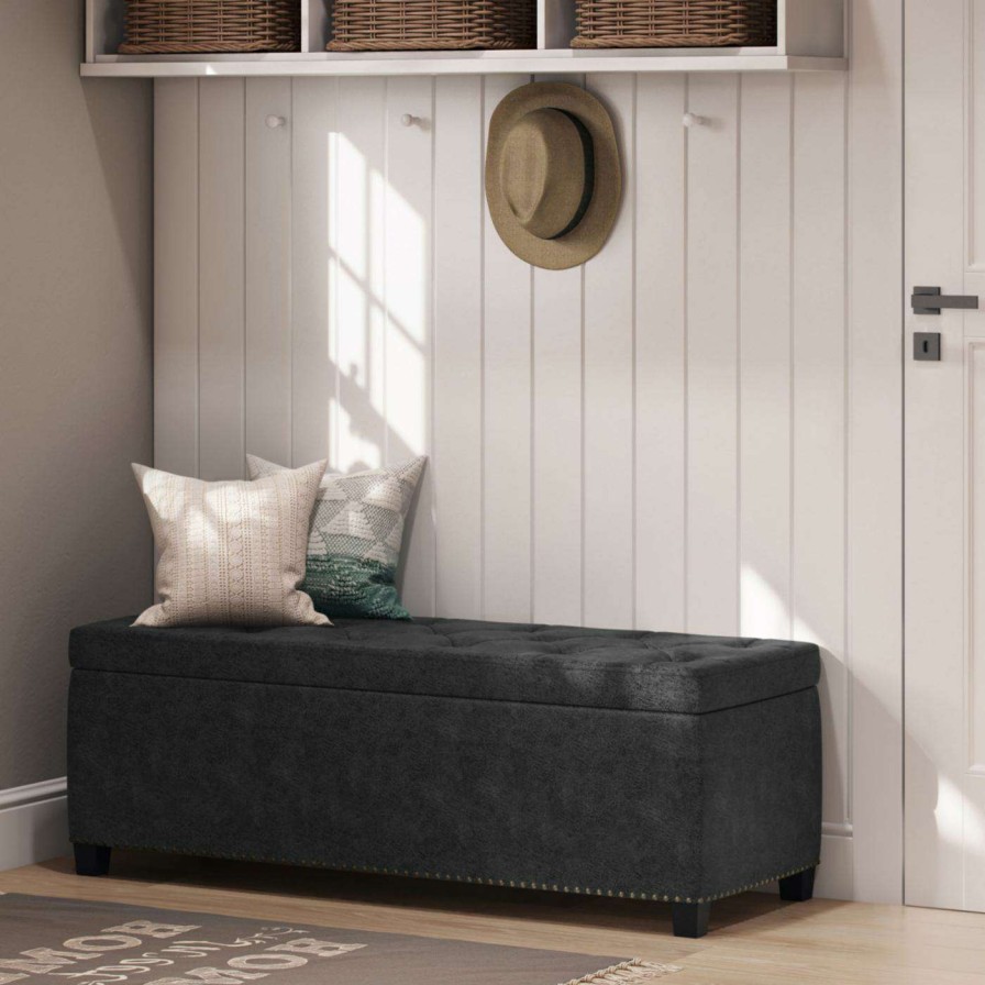 Indoor Benches * | Deals Bedroom Benches Brooklyn + Max Gilbert 48 In. Traditional Rectangle Faux Leather Storage Ottoman Bench