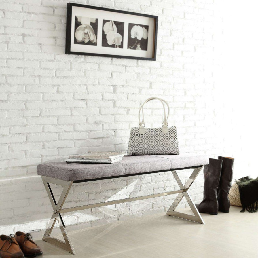 Indoor Benches * | Best Sale Entryway Benches Chelsea Lane 40 In. X-Base Gray Linen Bench