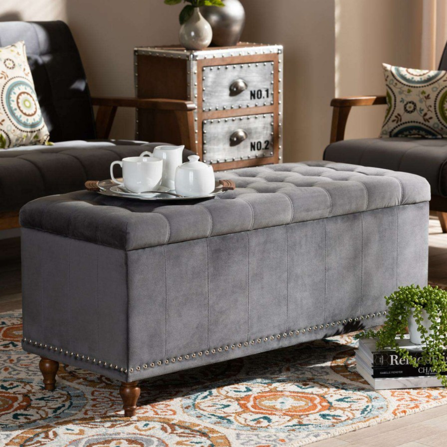 Indoor Benches * | Budget Ottoman Benches Baxton Studio Kaylee Velvet Tufted Storage Ottoman Bench With Nailhead Trim