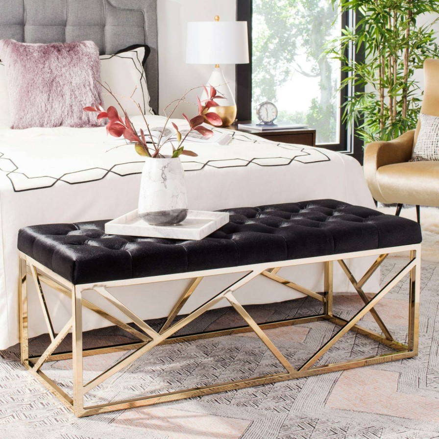 Indoor Benches * | Promo Bedroom Benches Safavieh Farah Tufted Rectangular Bench Black