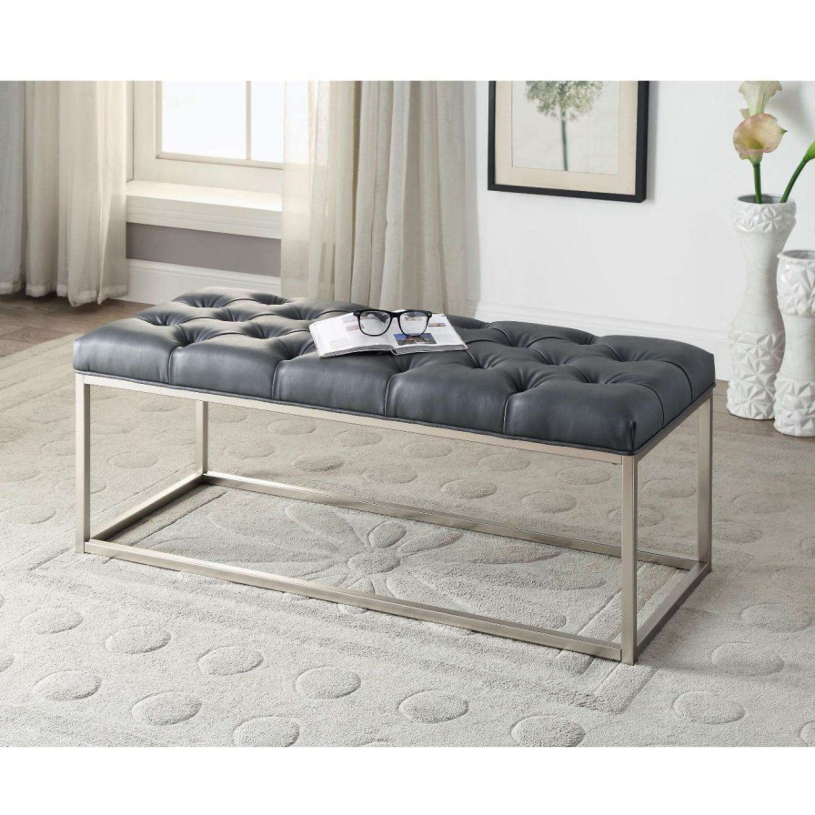 Indoor Benches * | Best Sale Bedroom Benches Hi-Line Gift Ltd. Button-Tufted Bonded Leather Bench