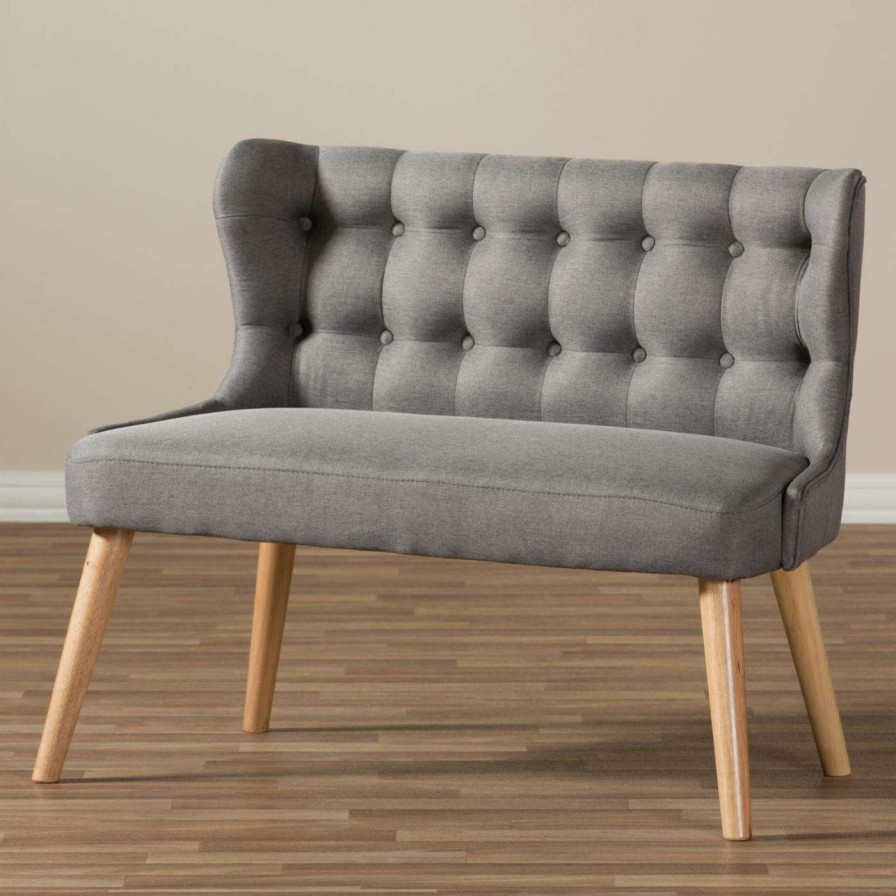 Indoor Benches * | New Settee Benches Baxton Studio Melody Mid-Century Modern Grey Fabric And Natural Wood 2 Seat Settee Bench