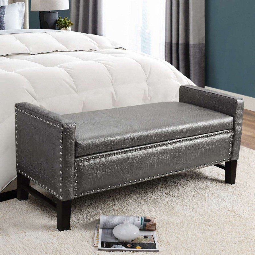 Indoor Benches * | Top 10 Indoor Storage Benches Inspired Home Hadley Faux Leather Button Tufted Indoor Storage Bench Espresso