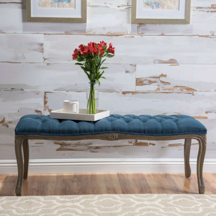 Indoor Benches * | Discount Best Selling Home Entryway Benches Tunisia Tufted Fabric Indoor Bench Dark Blue