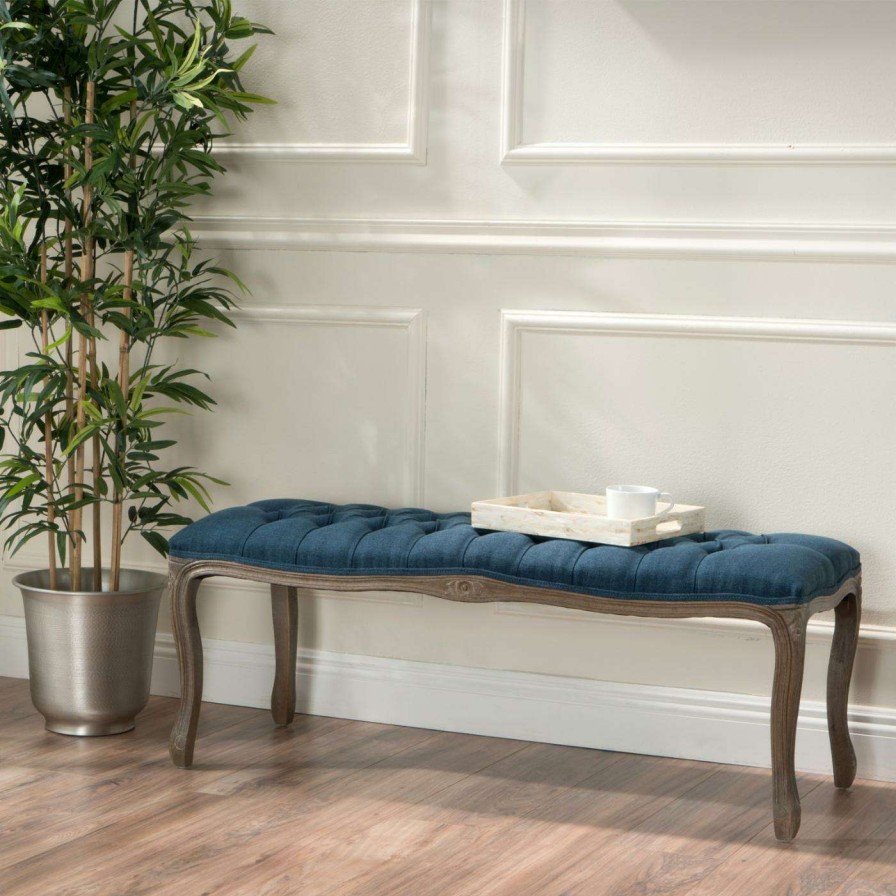 Indoor Benches * | Discount Best Selling Home Entryway Benches Tunisia Tufted Fabric Indoor Bench Dark Blue