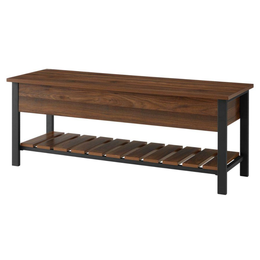 Indoor Benches * | Cheapest Entryway Benches Manor Park Modern Farmhouse Dark Walnut Storage Bench With Shoe Shelf