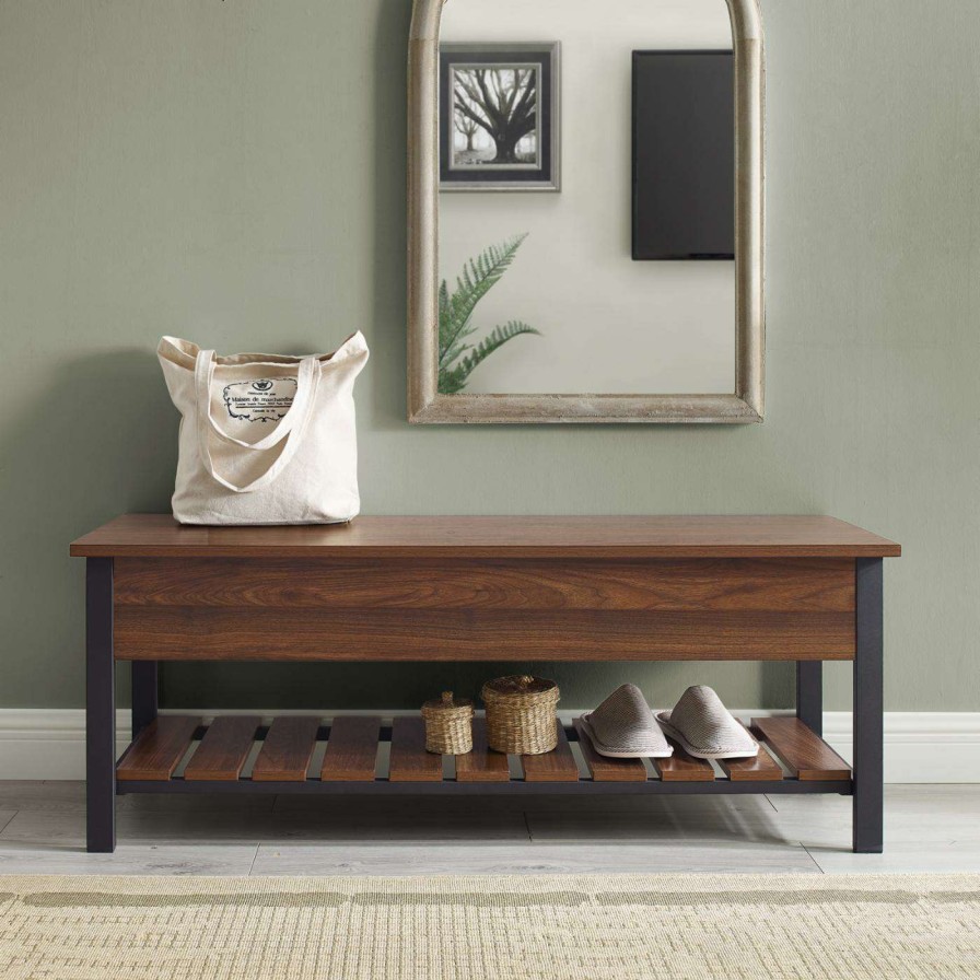 Indoor Benches * | Cheapest Entryway Benches Manor Park Modern Farmhouse Dark Walnut Storage Bench With Shoe Shelf