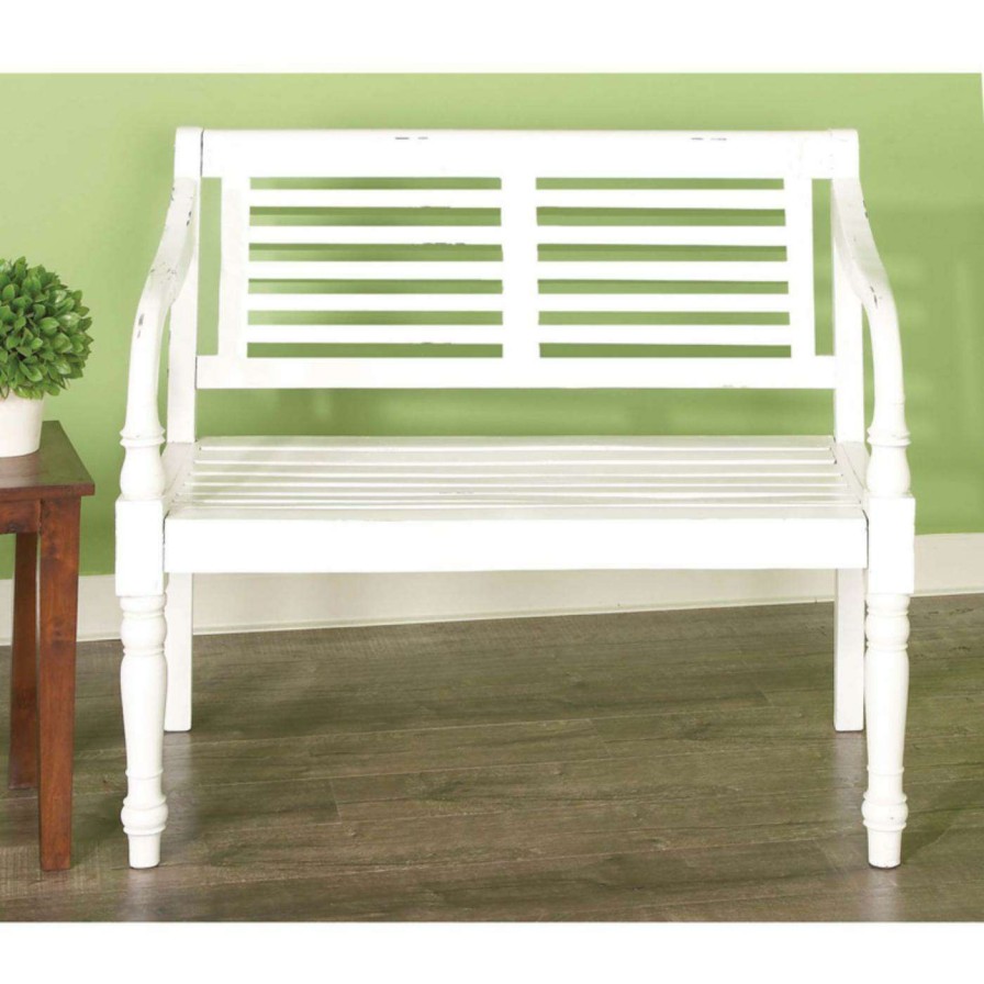 Indoor Benches * | Wholesale Entryway Benches Decmode 40 In. Antique White Mahogany Loveseat Bench