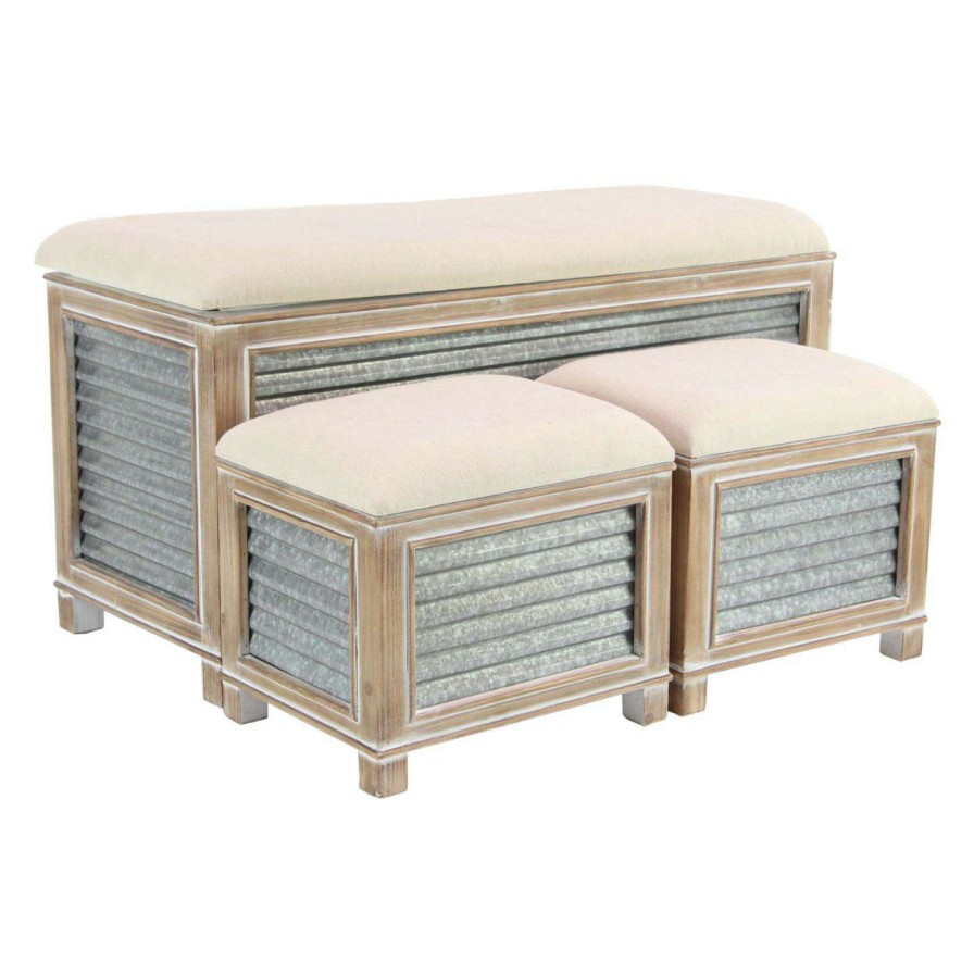 Indoor Benches * | New Ottoman Benches Decmode Wood And Corrugated Iron Cushioned Storage Benches Set Of 3