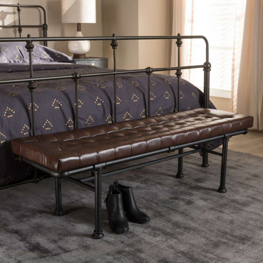 Indoor Benches * | Best Reviews Of Bedroom Benches Baxton Studio Zelie Rustic And Industrial Faux Leather Upholstered Bench