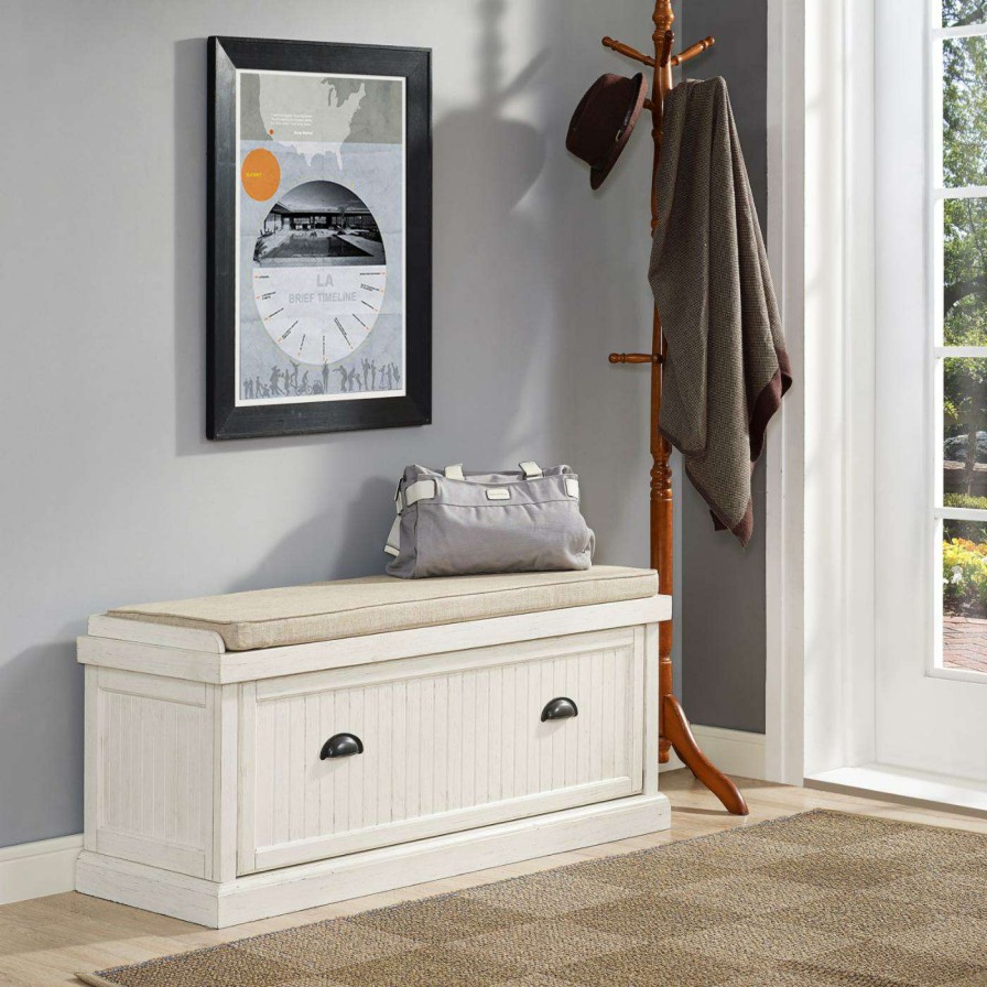 Indoor Benches * | Wholesale Indoor Storage Benches Crosley Furniture Seaside Entryway Bench Distressed White