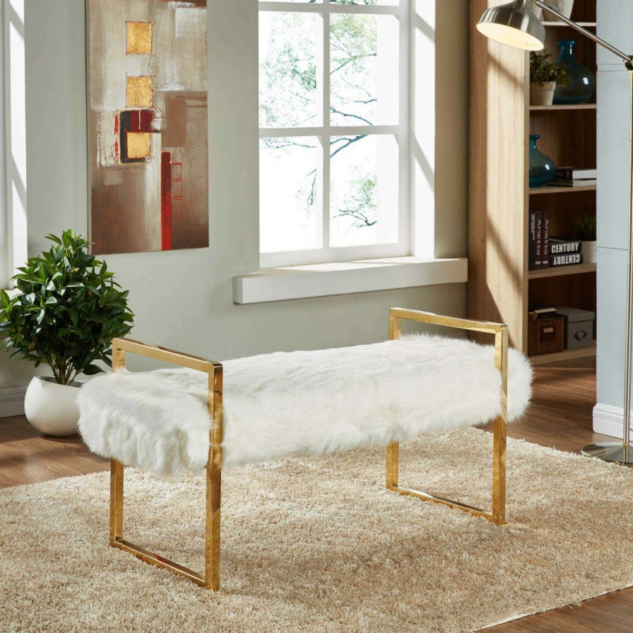 Indoor Benches * | Top 10 Bedroom Benches Meridian Furniture Inc Chloe White Faux Fur Bench