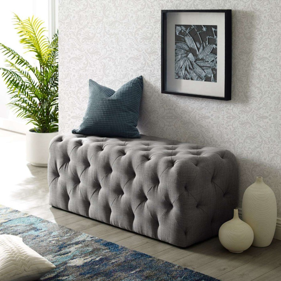 Indoor Benches * | Outlet Ottoman Benches Inspired Home Walterly Linen Allover Tufted Bench