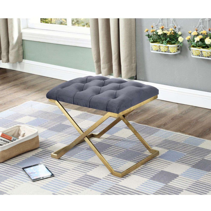 Indoor Benches * | Best Deal Bedroom Benches Hi-Line Gift Ltd. Button-Tufted X-Base Chair Navy