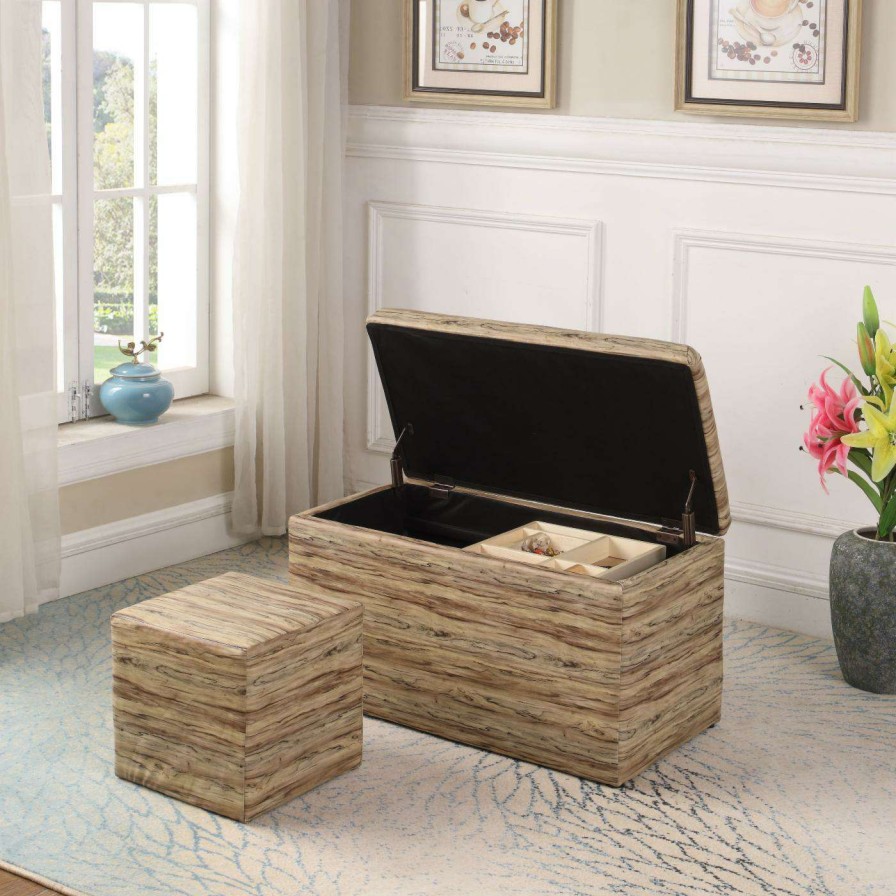 Indoor Benches * | Promo Bedroom Benches Ore International Beige Leatherette Wood Pattern Storage Bench