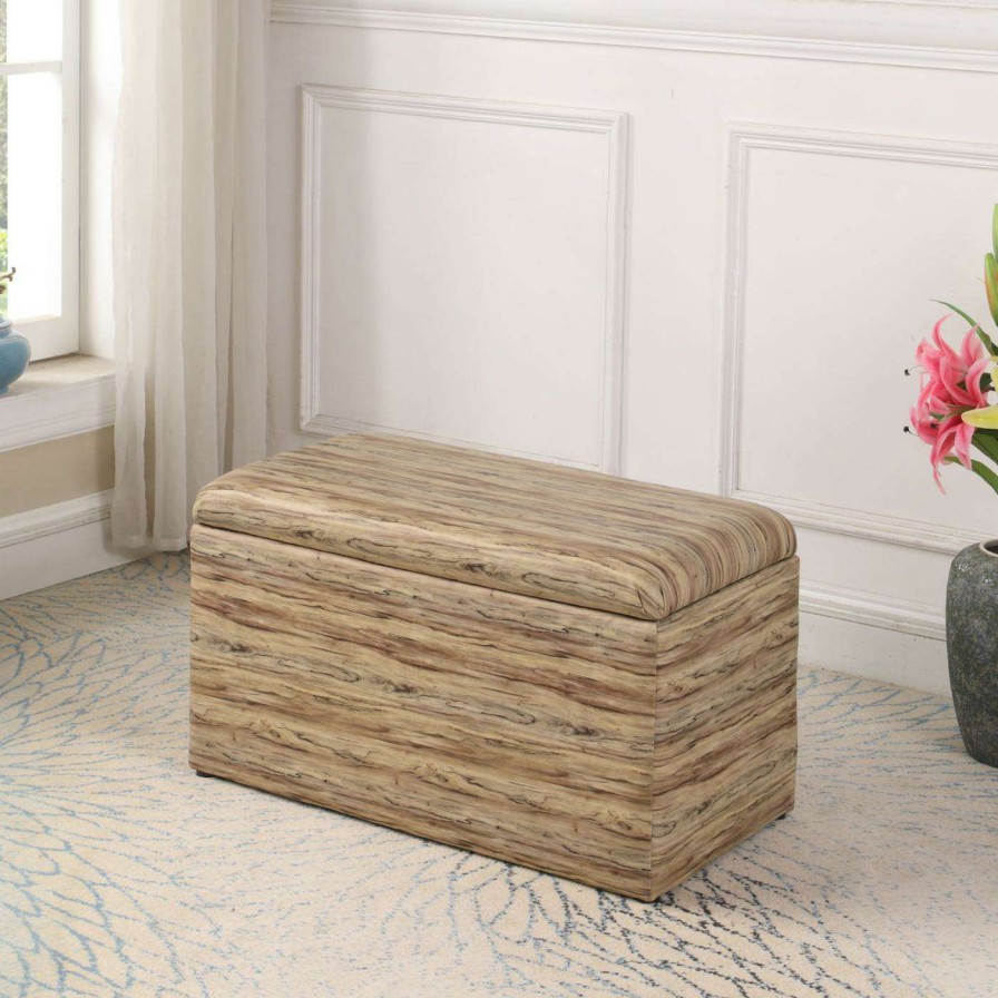 Indoor Benches * | Promo Bedroom Benches Ore International Beige Leatherette Wood Pattern Storage Bench