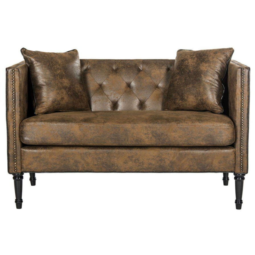 Indoor Benches * | Budget Settee Benches Safavieh Sarah Tufted Settee With Pillows Grey / Washed Oak