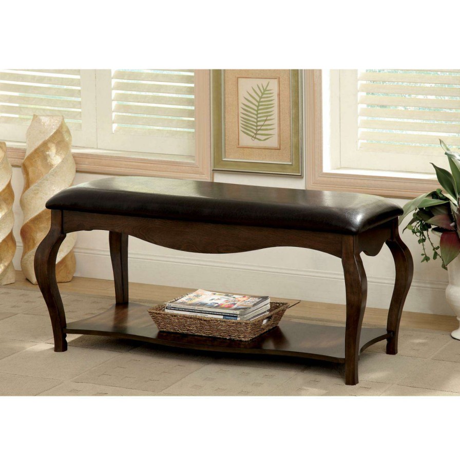 Indoor Benches * | Best Sale Indoor Storage Benches Furniture Of America Salford Elegant Leatherette Accent Bench With Bottom Shelf Tobacco Oak